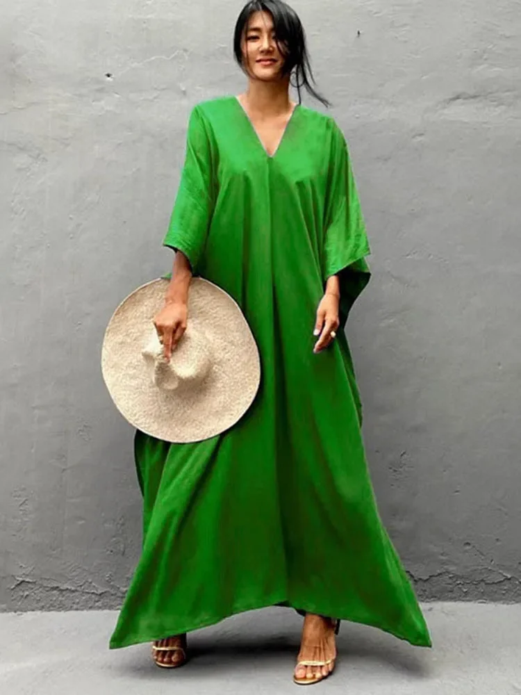 2025 新固体ビキニカバーアップ女性ビーチカバーアップ V ネックスリットカットプラスサイズビーチロングドレス夏のファッション女性ビーチウェア