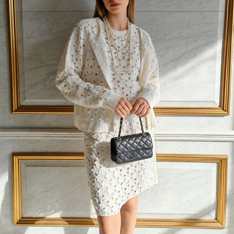 

Сексуальный полый прямой пляжный наряд, белый вязаный крючком весна-лето, повседневный кардиган с длинными рукавами и платье из двух предметов, женский комплект