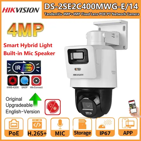 Hikvision PT Camera 4MP DS-2SE2C400MWG-E/14 Smart Hybrid-light Human Detection TandemVu 4MP+4MP POE Camera Built-in Mic Speaker