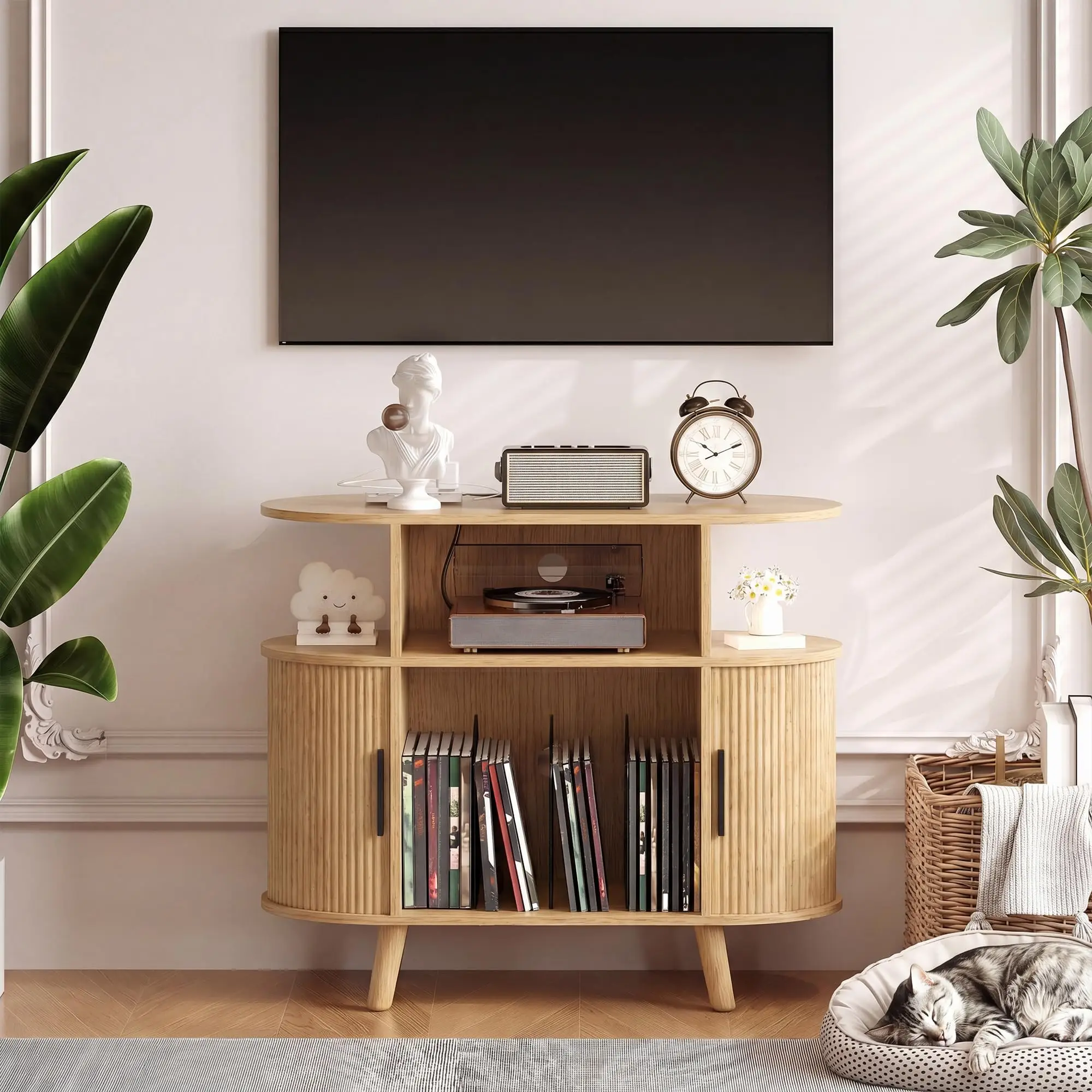 Record Player Table With Charging Station And USB Ports Vinyl Storage And Open Shelves Holder Record Player Stand For Living Room Music Studio Oak