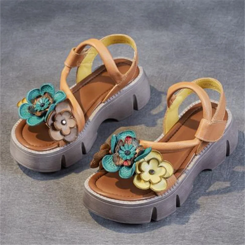 2024 Summer Full Genuine Leather Classic Flowers Shoes Women Fashionable Sandals Thick Sole Heightening Sandals Trendy Sandals