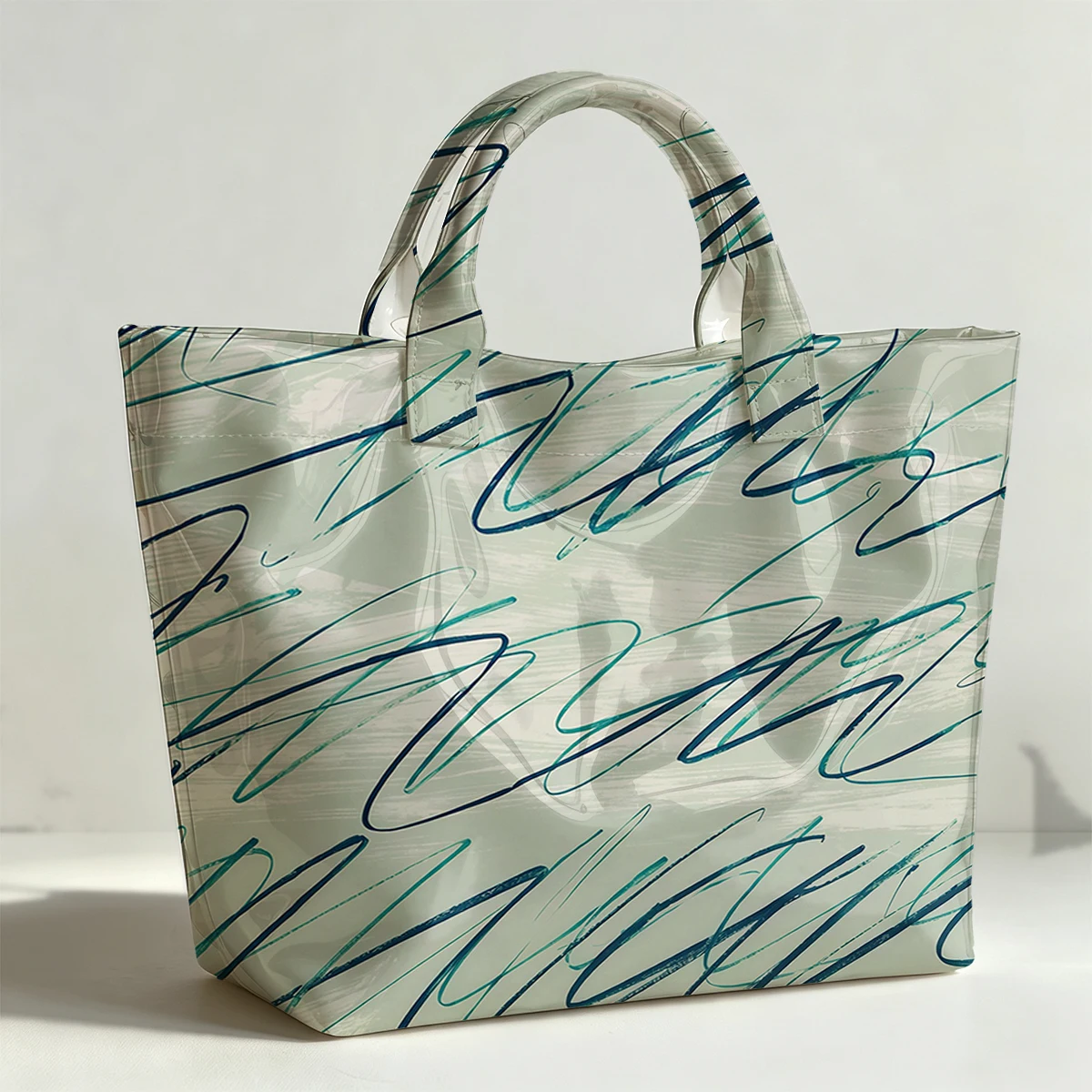 Blue green line pen Fashion Bag Transparent PVC Waterproof Handbag Large Capacity Daily Commute Shoulder Tote Mummy Bag