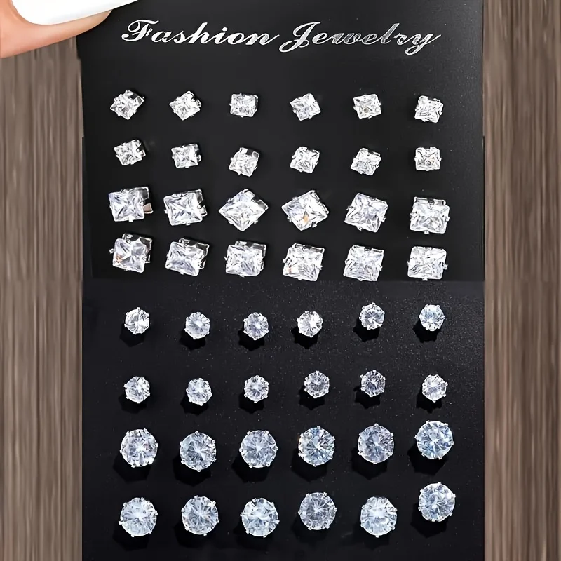 Simple, Elegant and Fashionable 48 Piece Zircon Earring Set, Women's Shiny Round and Square Cut, Stainless Steel Earrings