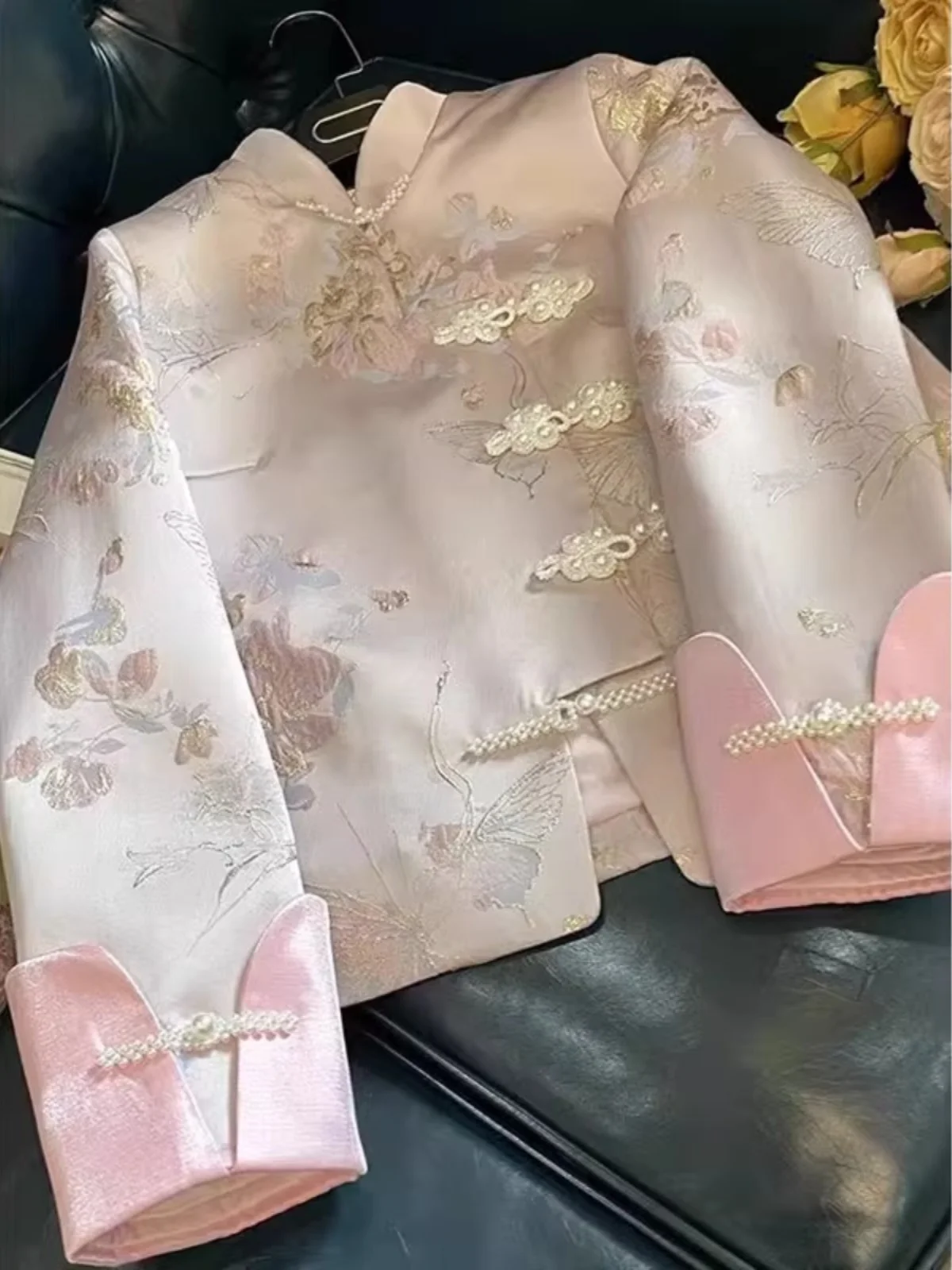New Chinese Style Pink  Jacket Women's Loose Name Lady Small Fragrance Style Embroidered Bead Button up Top