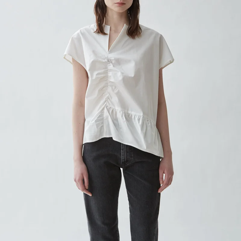 

2023 Spring and Summer Simple Commuting Asymmetrical V-neck Cotton Short-sleeved Blouse Woman