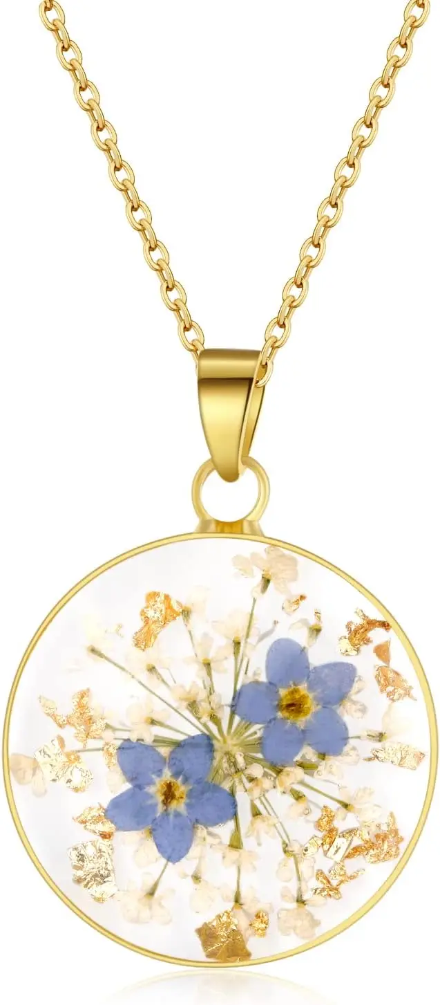 Forget-Me-Not Lace Pressed Wildflower Necklace Birth Month Real Flower Necklace Gold/Silver Pressed Flower Jewelry