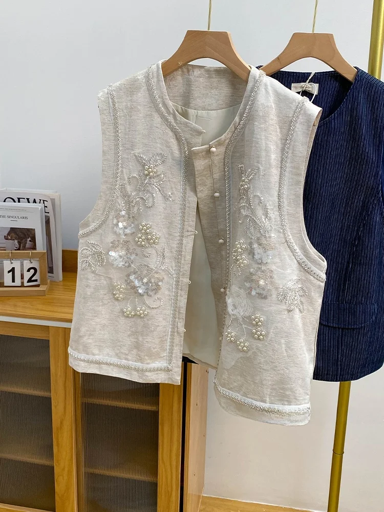 Nieuwe Chinese Sle Heavy Embellied Sequin Jaet Dames Zomer 2025, Seizoensgebonden Faion Gelaagdheid Tanktop Vest met knopen