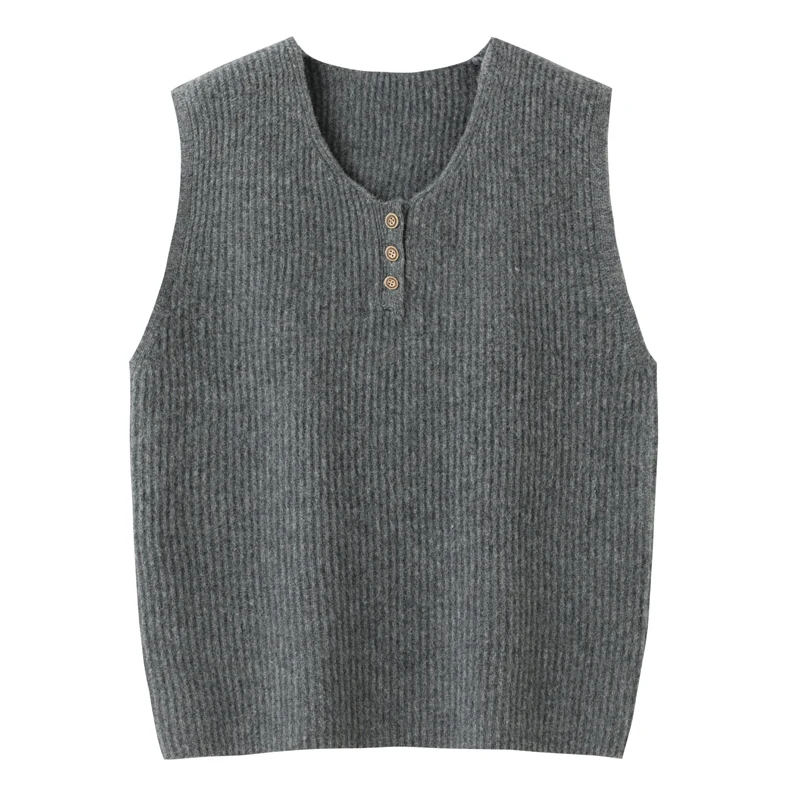 Autumn Winter Women's Cashmere Vest O-neck Pullovers Sleeveless Sweater 100% Merino Wool Knitwear Striped Buttons Chic Waistcoat