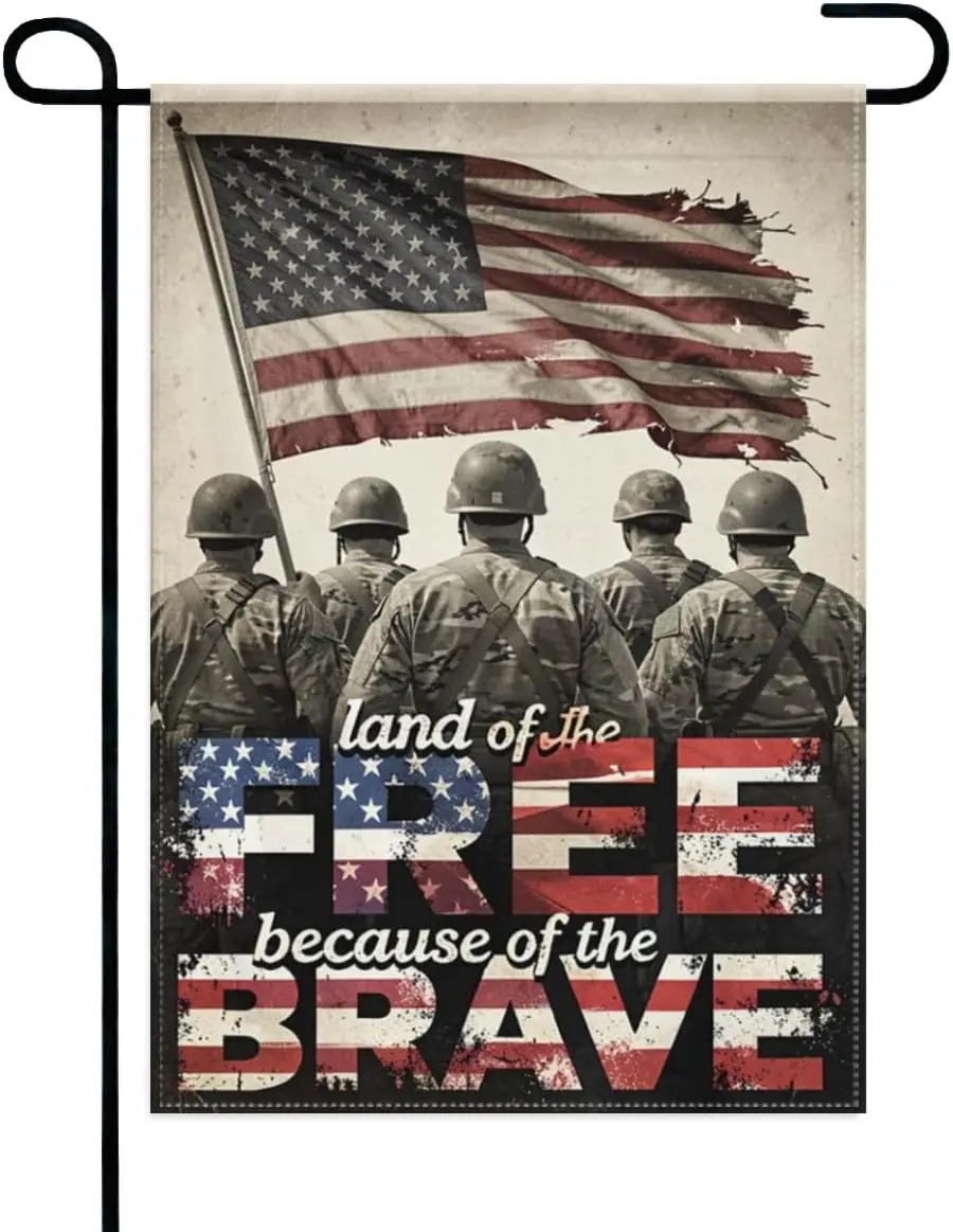 Memorial Patriotic Garden Flag 12x18 Inch Double Sided – Land of the Free Because of the Brave Vintage Military Soldiers Out kkz
