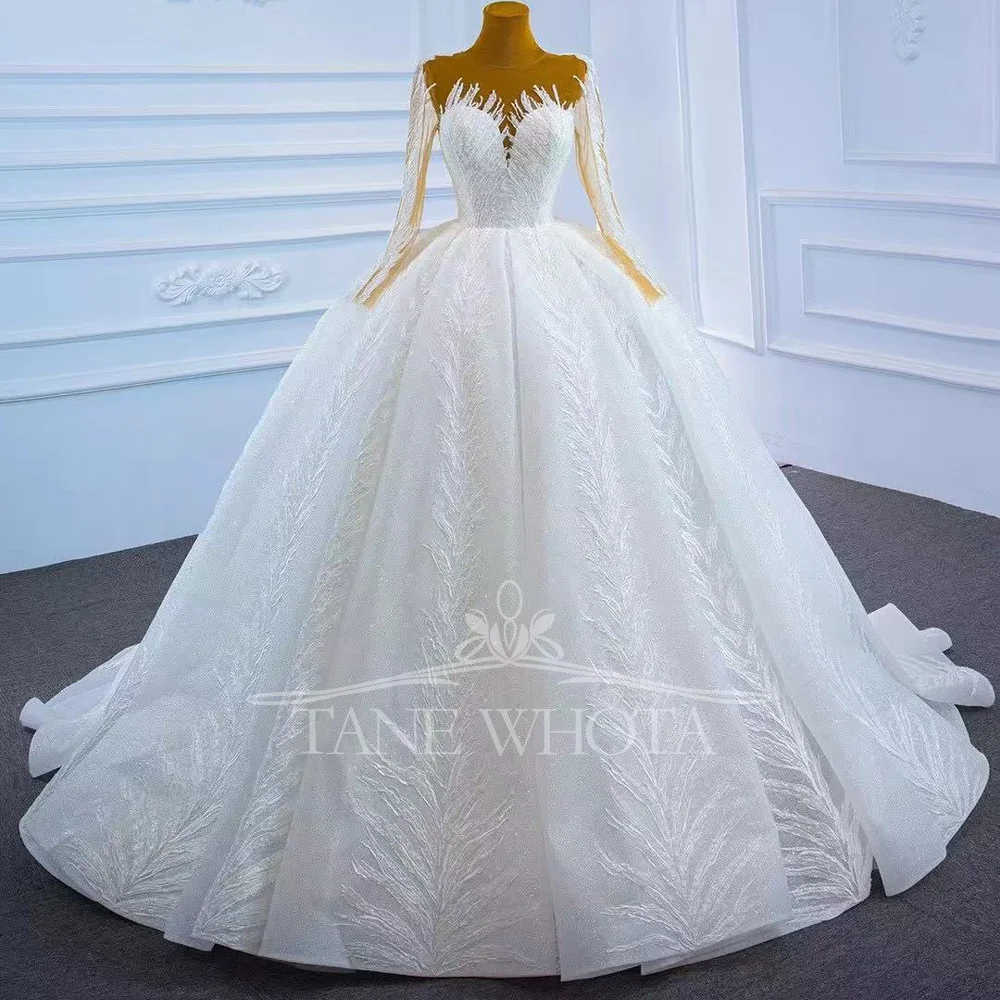 

Robe De Marie Кружевное свадебное платье с круглым вырезом и длинными рукавами на шнуровке сзади Роскошные белые свадебные платья