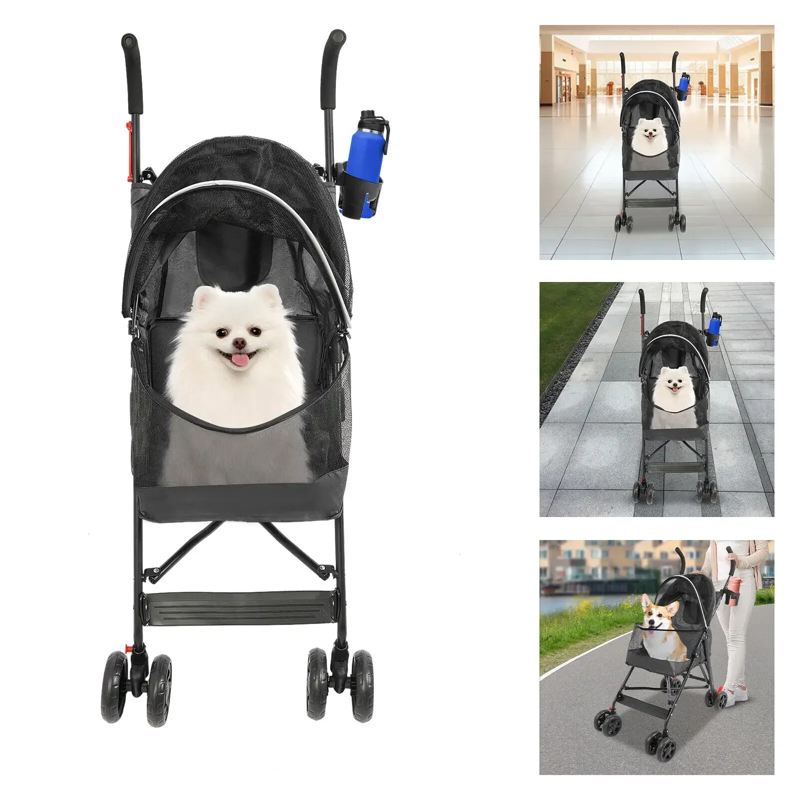 Foldable All-Weather Pet Dog Stroller with Rain Canopy & Cup Holder, 4-Wheel Compact Design with Rear Pocket, Gray