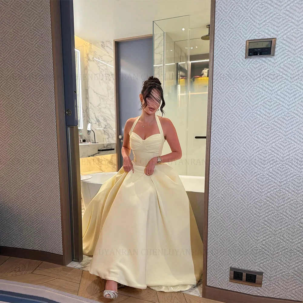 

MOLISA Customized Halther Neck Pleat Simple Elegant Prom Gown For Woman Sleeveless A Line Ankle Length Formal Evening Dress