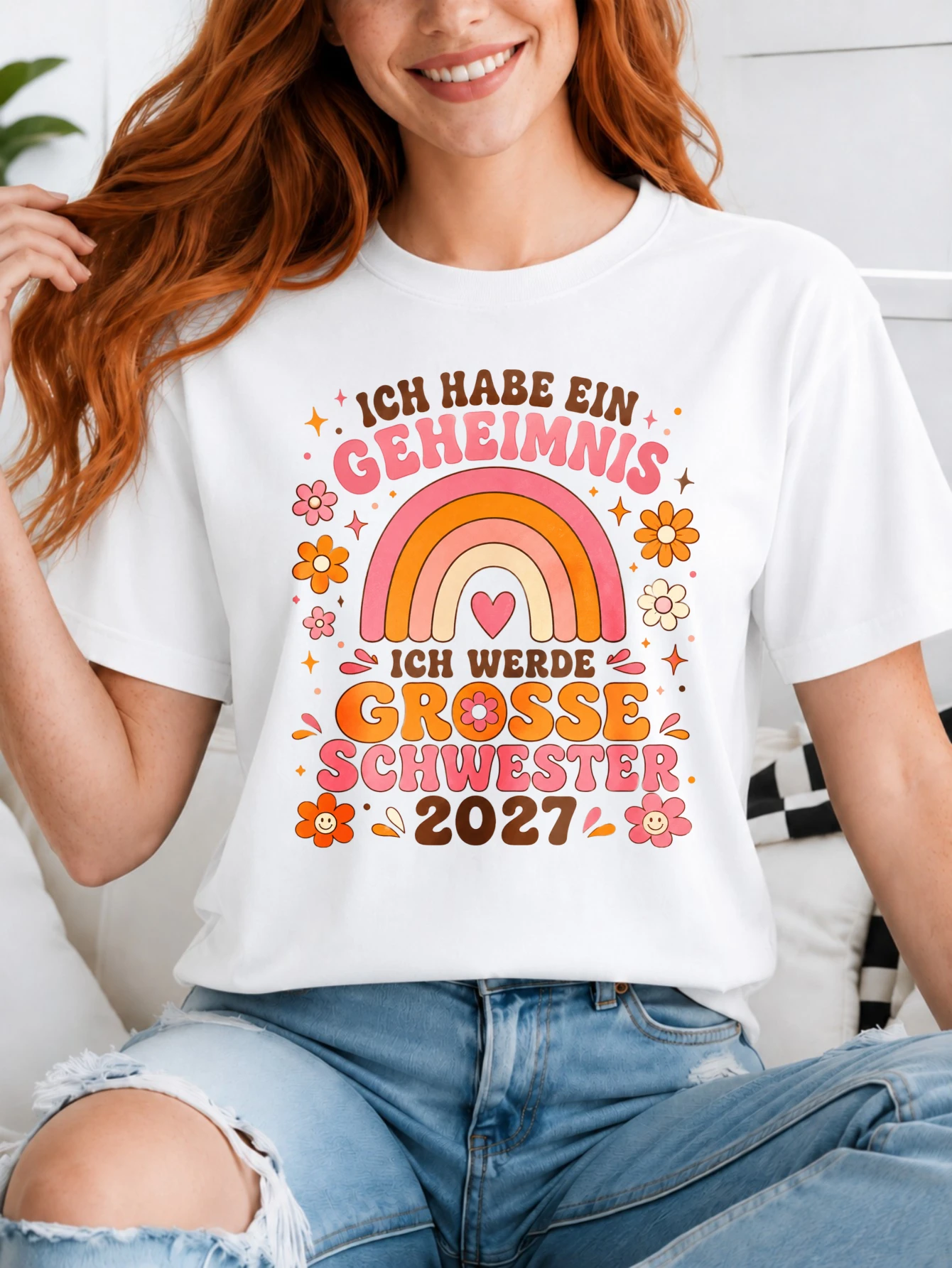 Ich Werde Grosse Schwester 2027 retro rainbow flowers and orange pink bubbly lettering sibling  Unisex All T-Shirt