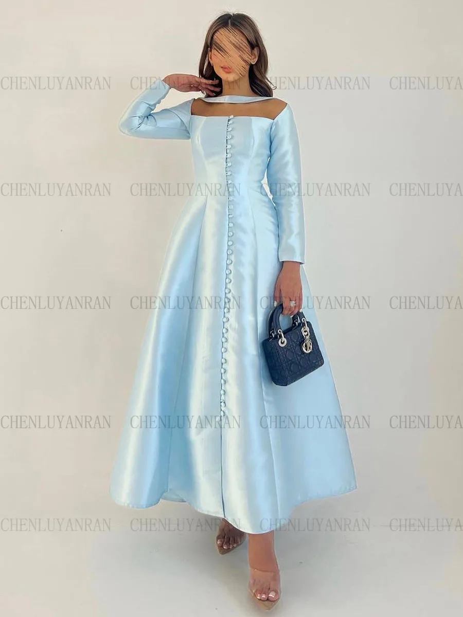 

Sky Blue Fashion Formal Occasion Dresses 2023 Button A-Line Long Party Dress Long Sleeves Elegant Evening Gowns فساتين حفلات