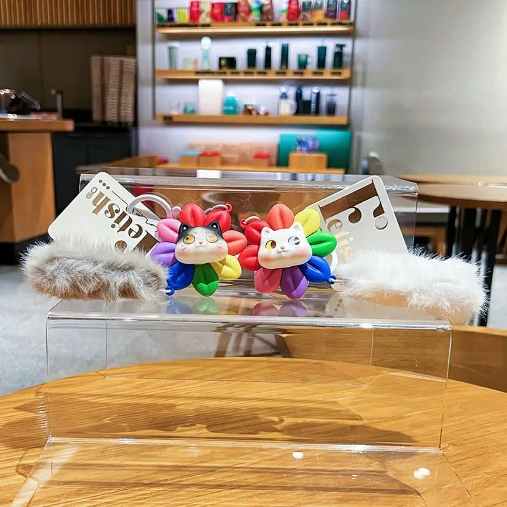 Creative Rotatable Cat Keychain Good Luck Cartoon Car Keyring PVC with Fur Balls Bag Accessories Girls