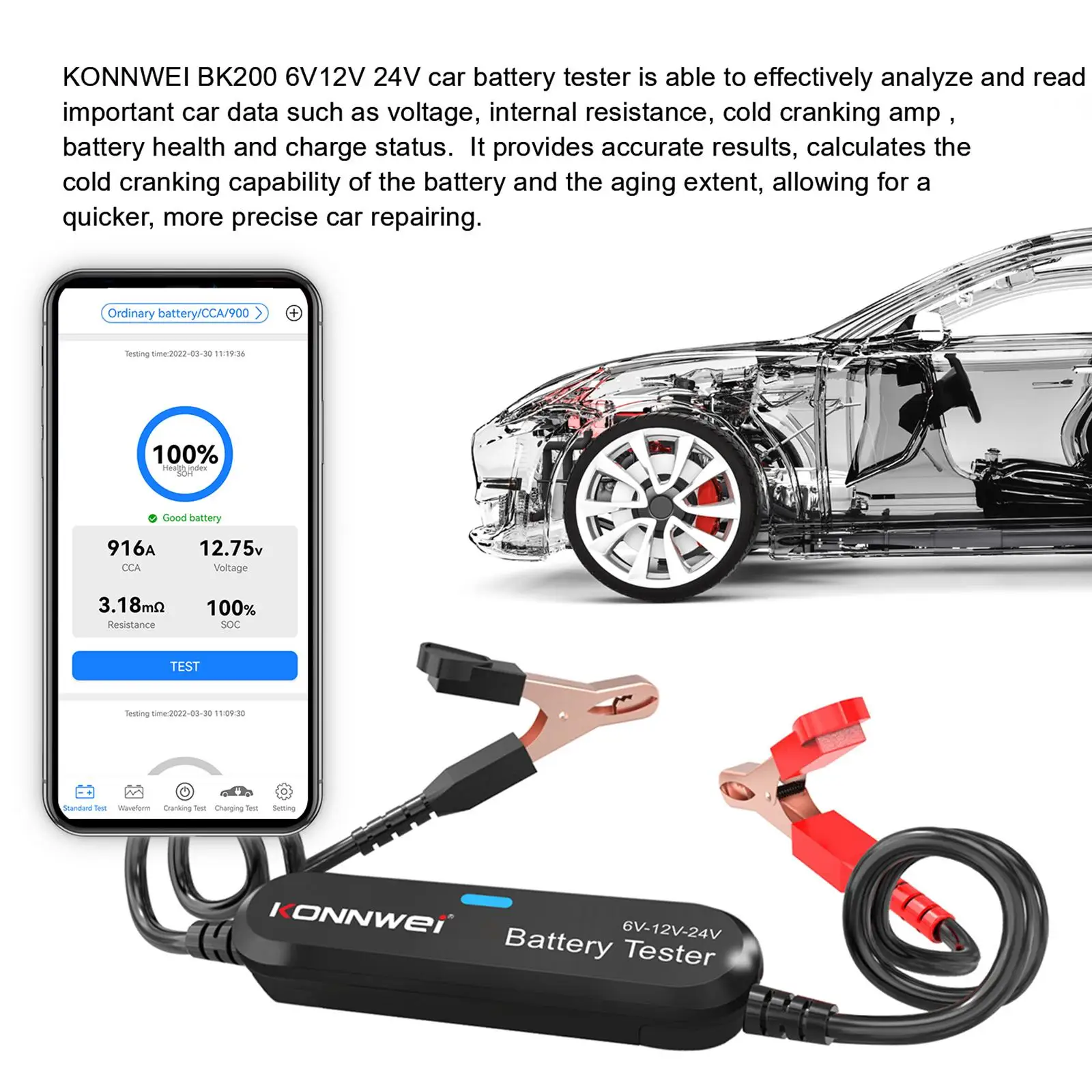 

Bluetooth Car Battery Testing Tool 100-2000CCA 6V 12V 24V for Marine RV