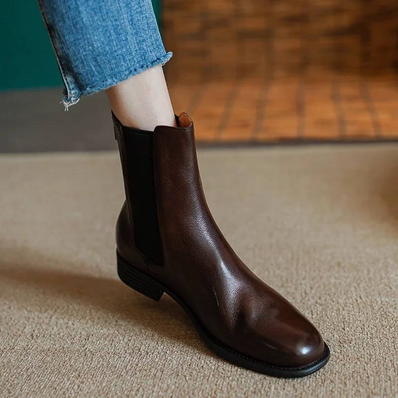 Women Basic Chelsea Boots Thick Heel Spring Autumn Slip On Ankle Boots Vintage Style Winter Shoes Woman Cowhide Casual Shoes