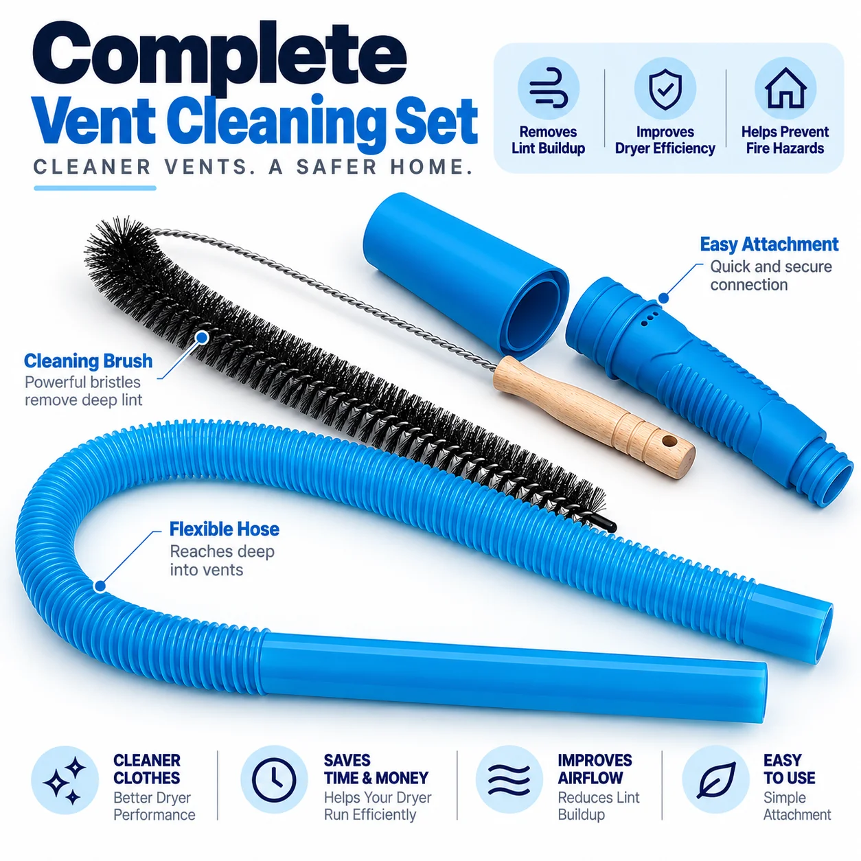 Dryer Vent Vacuum Cleaner Kit, Flexible Hose Duct Attachment, Universal Lint Remover for Dryer Exhaust and Home Appliance Vents