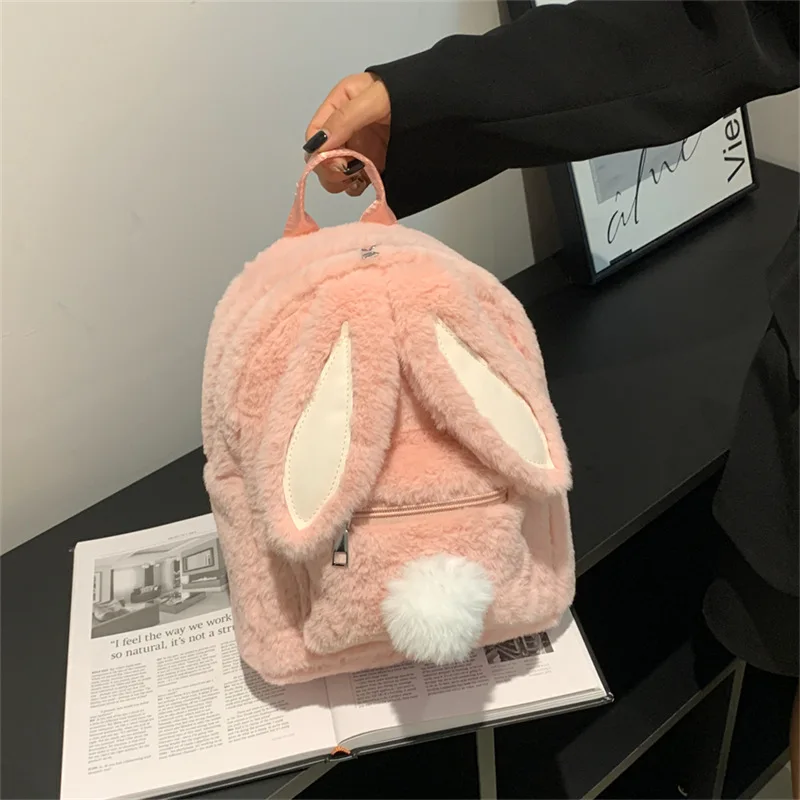 Women's Cute Bunny Plush Backpack, Soft Fuzzy Mini Backpack with Bunny Ears & Tail, Kawaii Casual Daypack for Teens & Adults