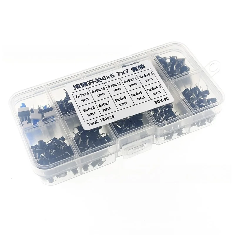 6x6 7x7 Tactile Push Button Switch Kit 180Pcs Assortment Box DIP Micro Momentary for Arduino DIY