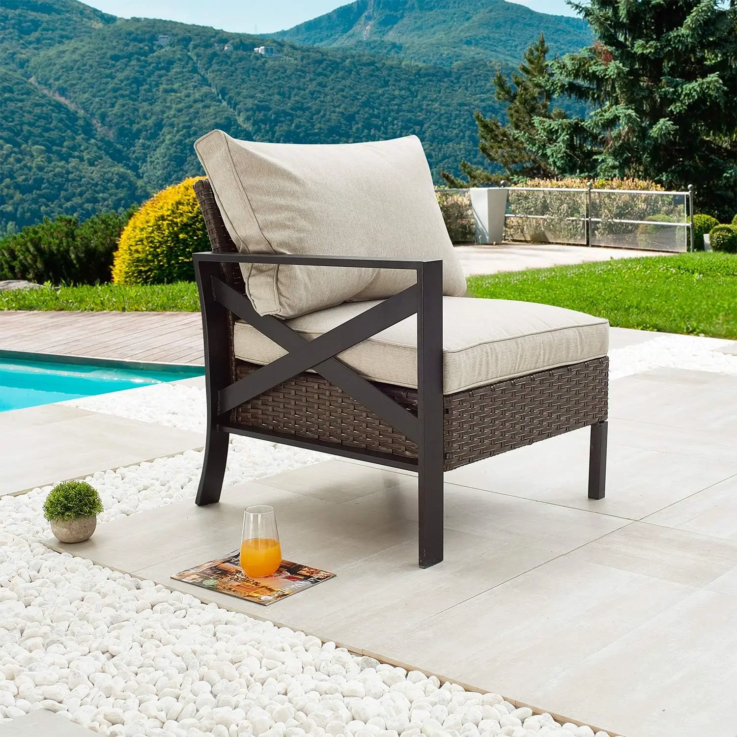 

Outdoor Patio Bistro Dining Chair Right Armrest Sofa With X-Shaped Armrest Chair Wicker Rattan With Thi Soft Cushion With Steel