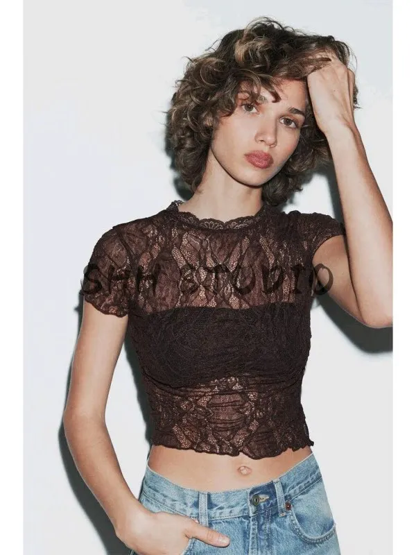 Summer Women's American Street Style Short Sleeve round Neck Lace Semi-Transparent Short Top Comfortable Breathable T-shirt