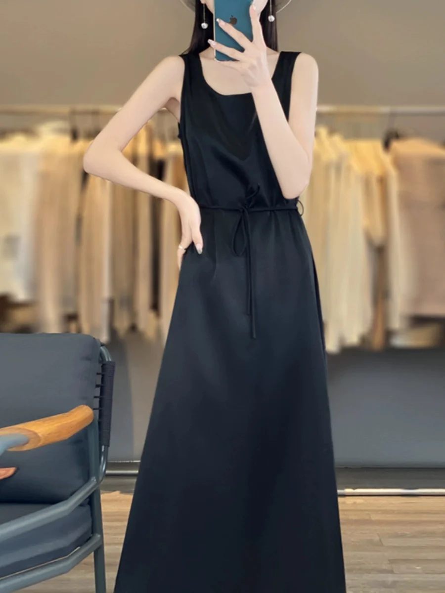 Ele acetato cetim feminino dr com cintura acetada saia longa textura suave com cinto svel solto novo sle