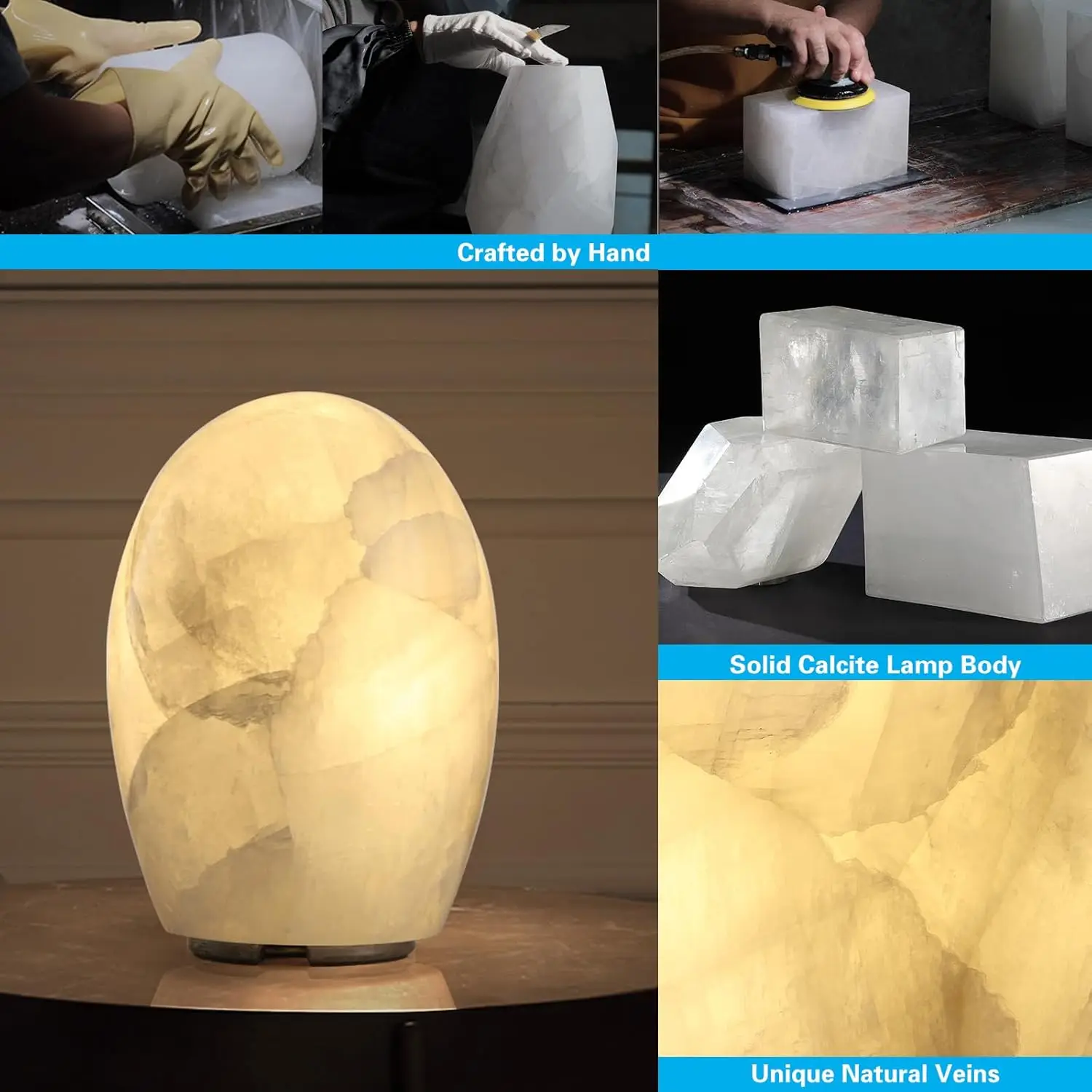 Lampada in cristallo di calcite realizzata a mano con bagliore ambrato dimmerabile, struttura naturale unica per l'arredamento della camera da letto