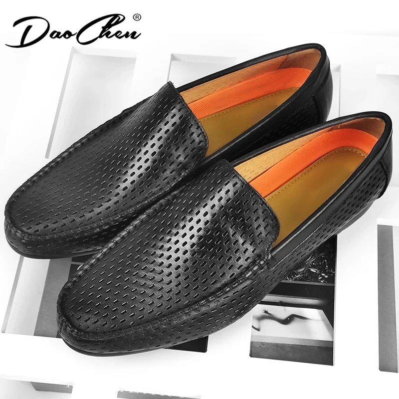 Luxury Brand Designer Style Loafer Shoes for Men Summer Genuine Leather Moccasins Hollow Out Breathable Slip on Driving Shoes