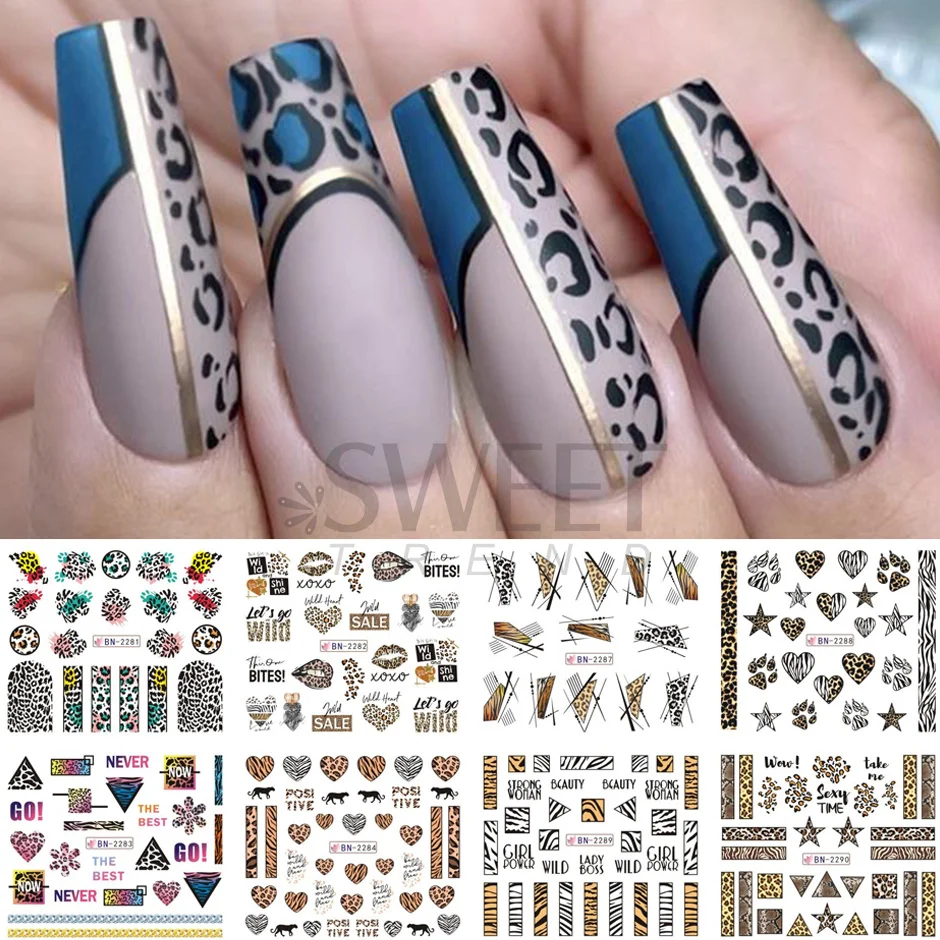 Autocollants pour Ongles à Motif de Cœur Sauvage, Amour, Léopard, Glissière de Peau de Salle, Géométrie, Tatouage de Manciure à l'Eau, SABouches, 12 Pièces