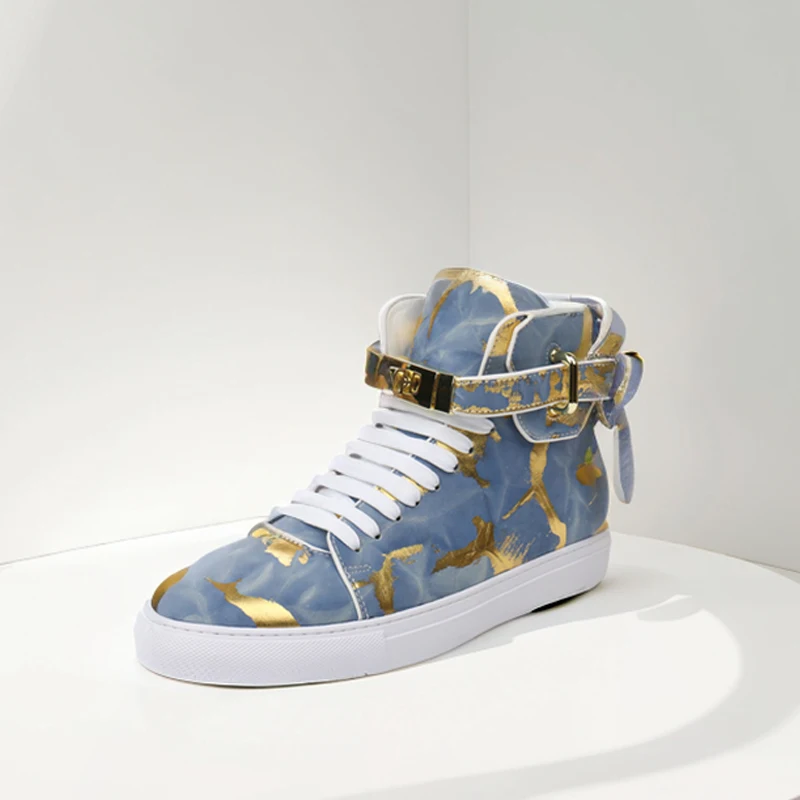 

Blue Gold Top Sneakers Men's Cow Leather Lace-up Patchwork Business Women Casual Shoes Luxe Flat Shoes Handmade Boots