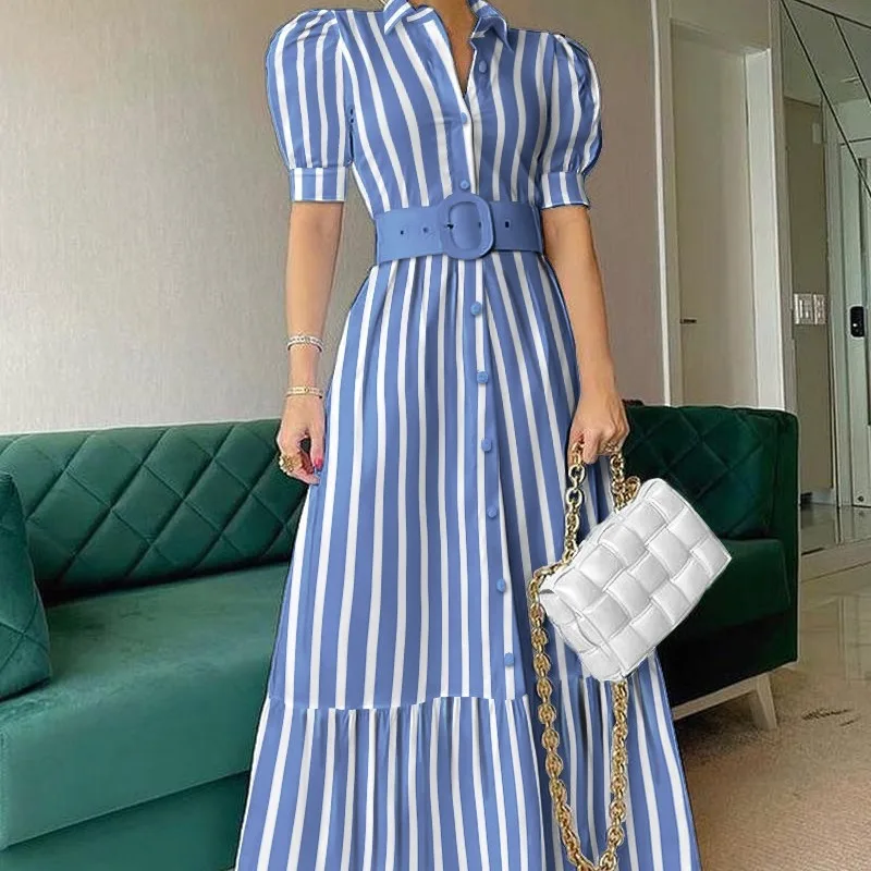 

Women Long Dress Blue Striped Single Sleeve Short Coat Dress With Belt Sashes Elegant Office Lady Vestidos Fashion Clothing