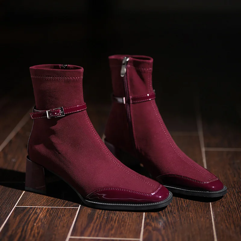 Burgundy Boots Mid Calf Botas Square Toe Chunky Heels Buckle Design Sewing Patchwork Zippers Elegant Old Money Cozy Luxury New