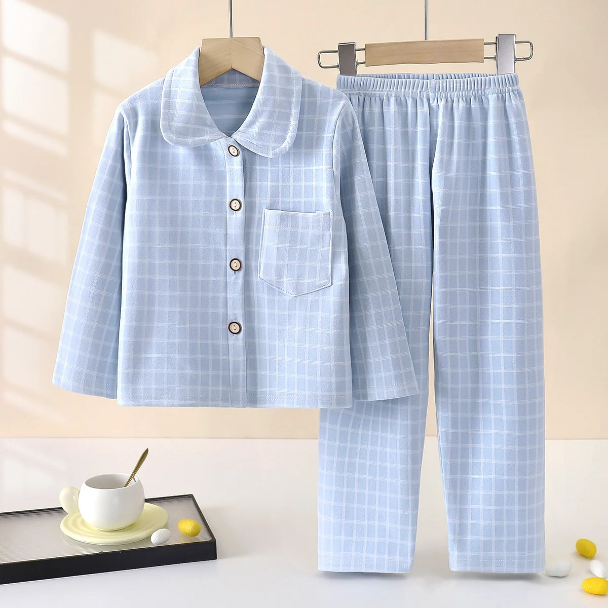 Boys Girls Autumn Pajamas Homewear Kids Casual Plaid Long Sleeve Lapel Shirt with Pants Pyjamas Youth Sleepwear Clothing Sets