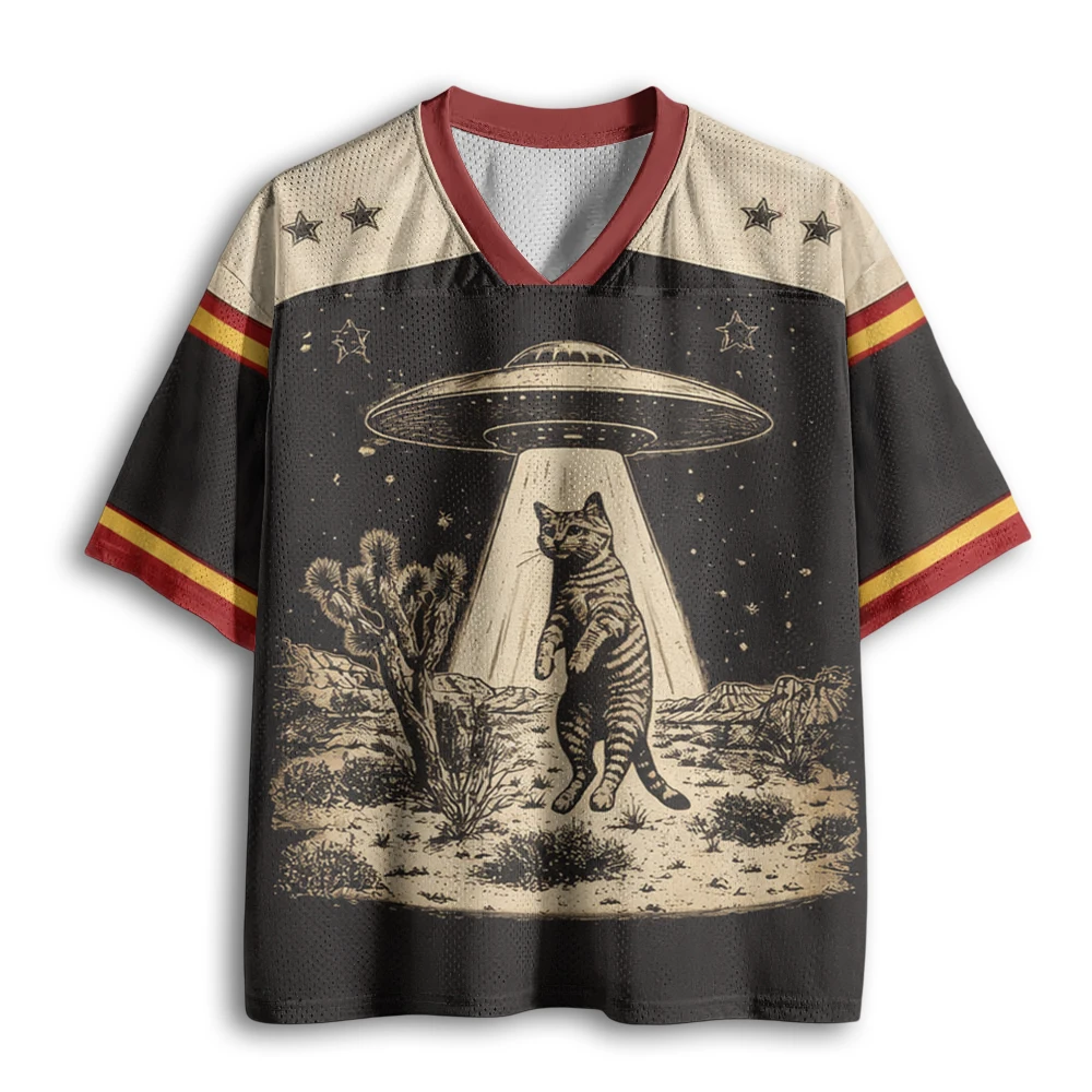 Camiseta deportiva informal holgada con cuello en V de malla, estilo vintage, con estampado de OVNI, gato tabby, alienígena, estrella retro y bloques de color a rayas, para fútbol americano.