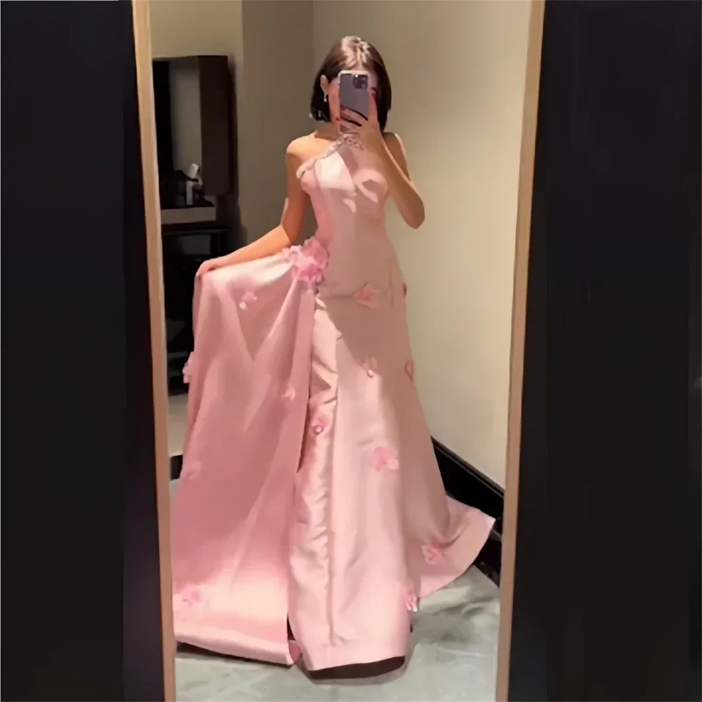 Customized Evening Gown Prom Dress Halter A-line Floor Length Applique 3D Flower Bespoke Occasion Dresses Saudi Arabia Formal