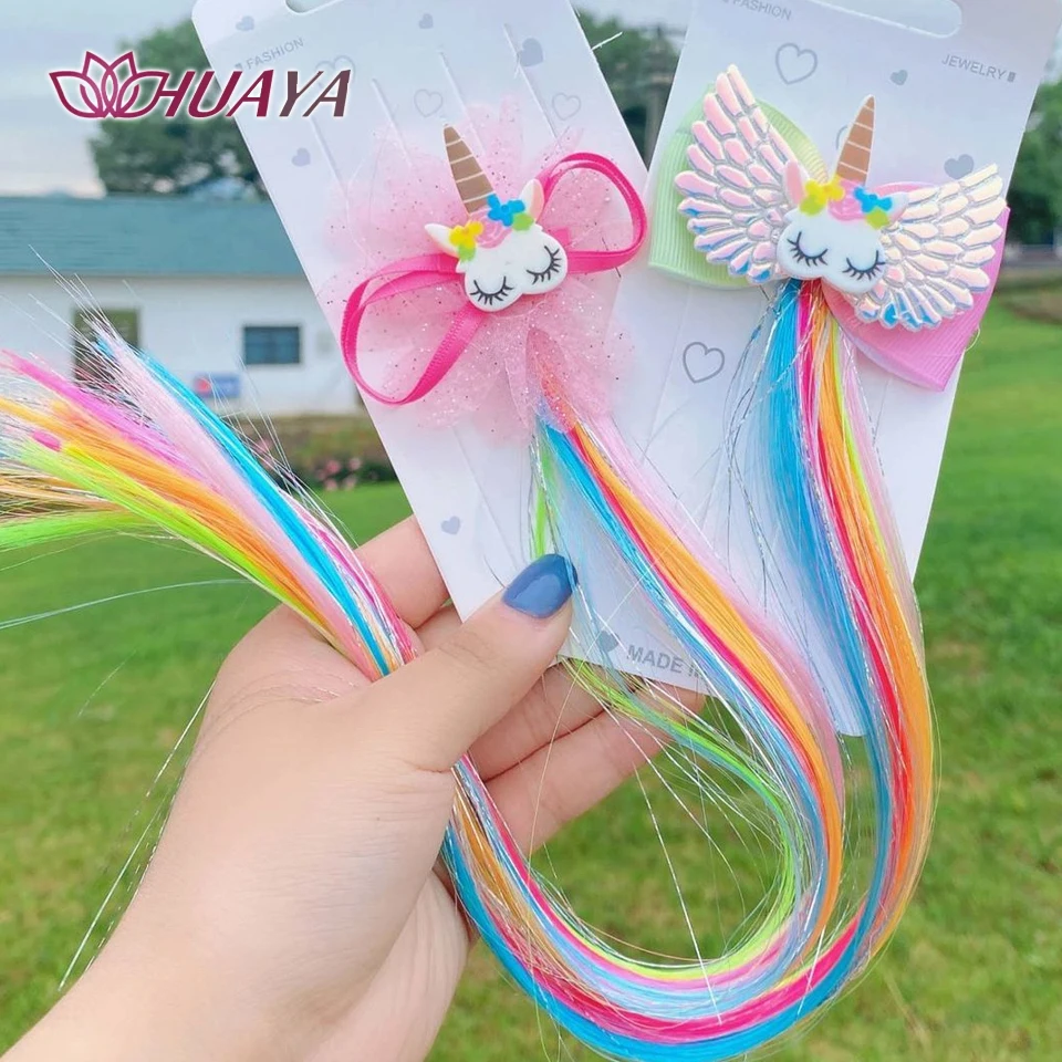 Synthetic Girls Colorful Wigs Unicorn Ponytail Hair Clips Headwear Braid Kids Gift Accessories Kids Rainbow Hair Clip