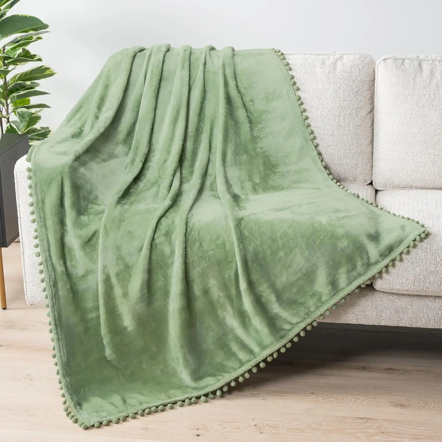 

Sage Green Fleece Throw Blanket with Pom Pom Fringe Soft Cozy Flannel for Couch Bed 50x60 Inches
