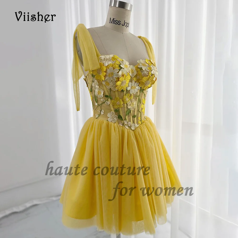 

Yellow Short Homecoming Prom Dresses Flower Appliques Sweetheart Fairy Party Dress Above Knee Cocktail Gala Gowns Lace Up Back