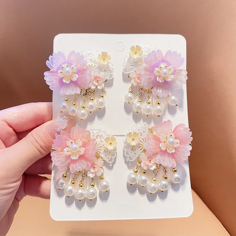 1pair Girls Flower Hair Clip Pearl Pendant Hairpin Cute Classic Taassel Tiara Chinese Hanfu Headwear Fairy Vintage Hair Jewelry image 5
