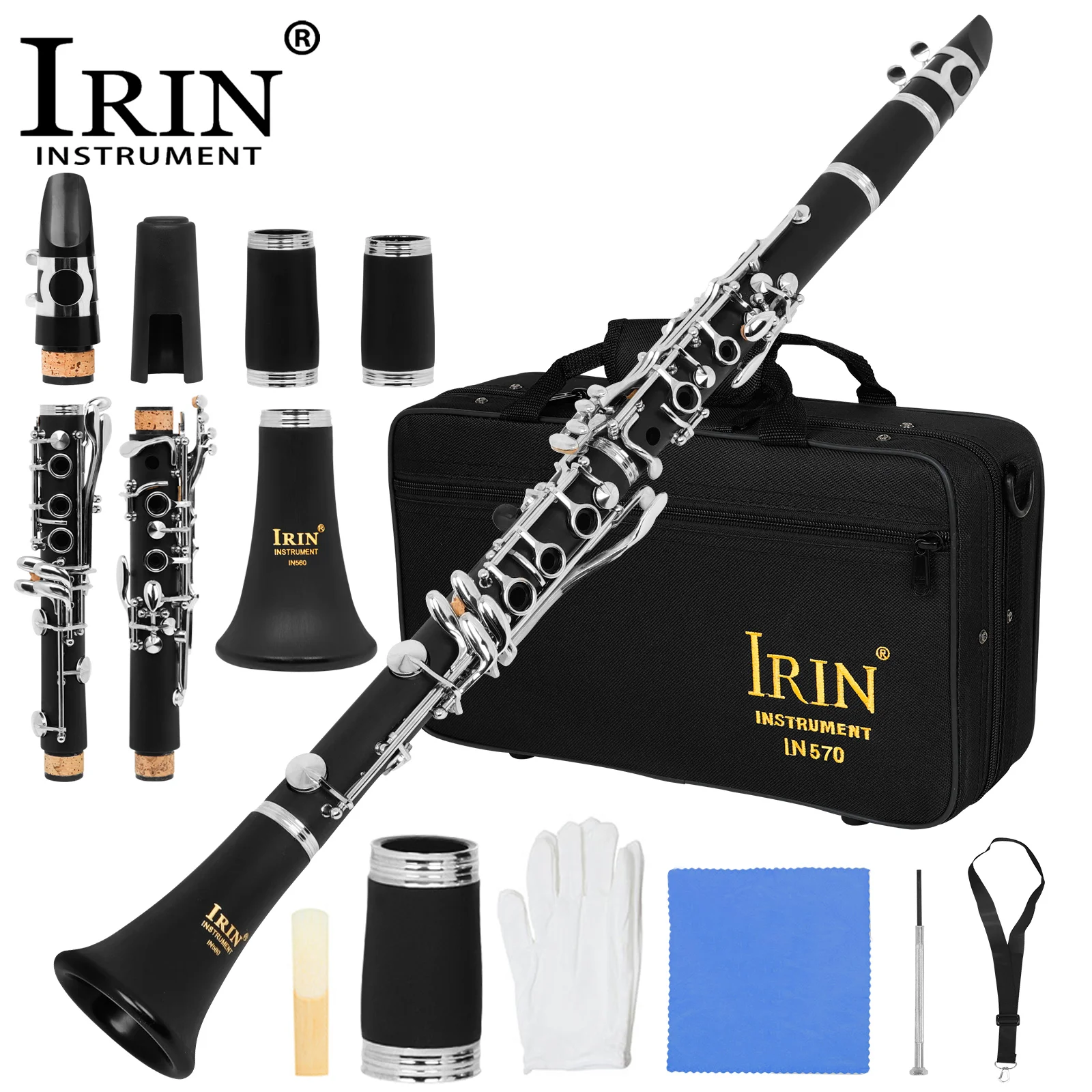 IRIN IN570 Klarinette 17-Tasten-BB-Klarinette Schwarz Professionelles Holzblasinstrument