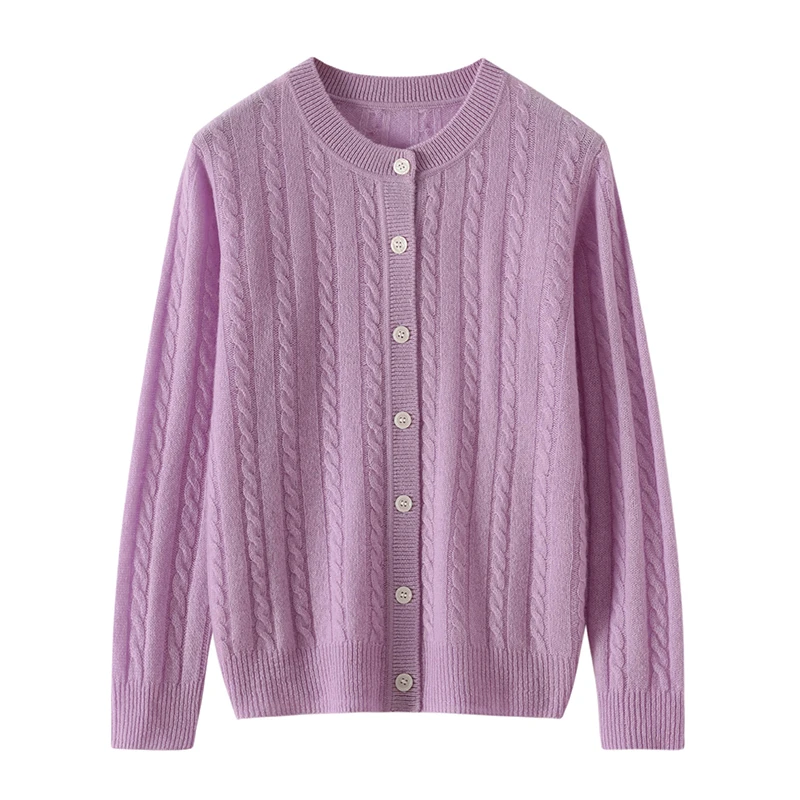 High quality women's 100% pure cashmere cardigan luxury knit sweater round neck Tops Pull Jumper basic single breasted button