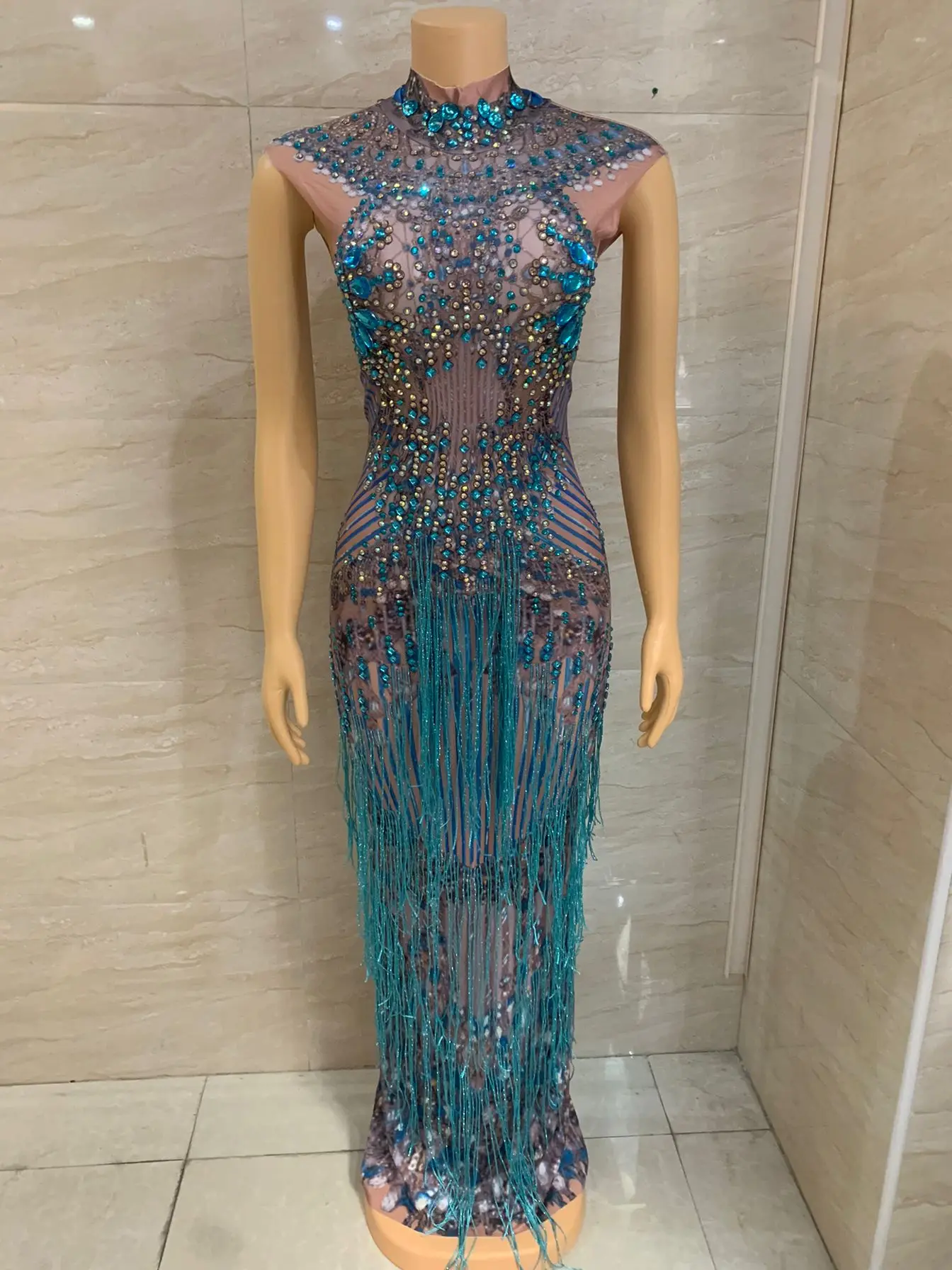 Fashion Crystals strass Party Long Dress Women senza maniche nappa Club Dress Blue Sexy Jazz Singer Dancer Stage Costumes