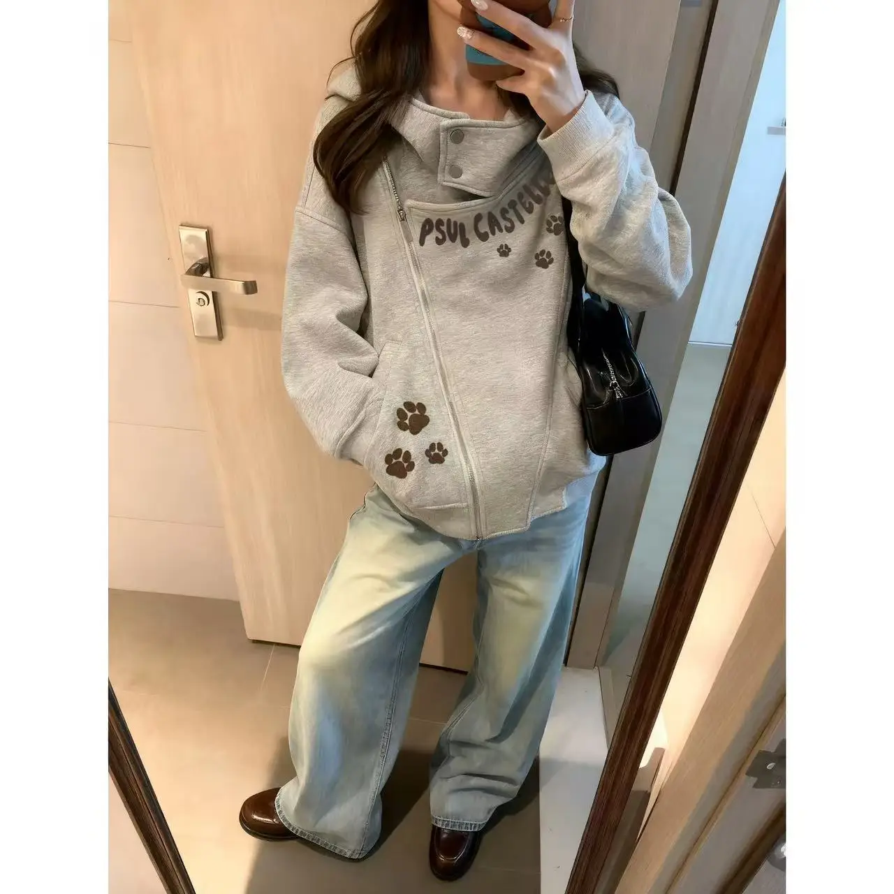big zipper hoodie Grey Boyfriend Hoodies for Women Fall Winter Oversized Relaxed Fleece Lined Asymmetric Zip Casual Coat