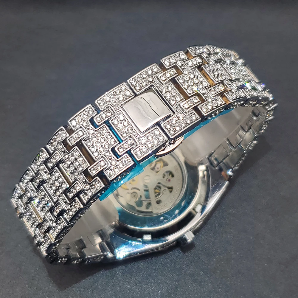 Luxe Mechaincal Heren Horloge Iced Diamond Hiphop Automatische Horloges Met Holle Wijzerplaat Lichtgevende Handklok Voor Mannelijke Dropshipping