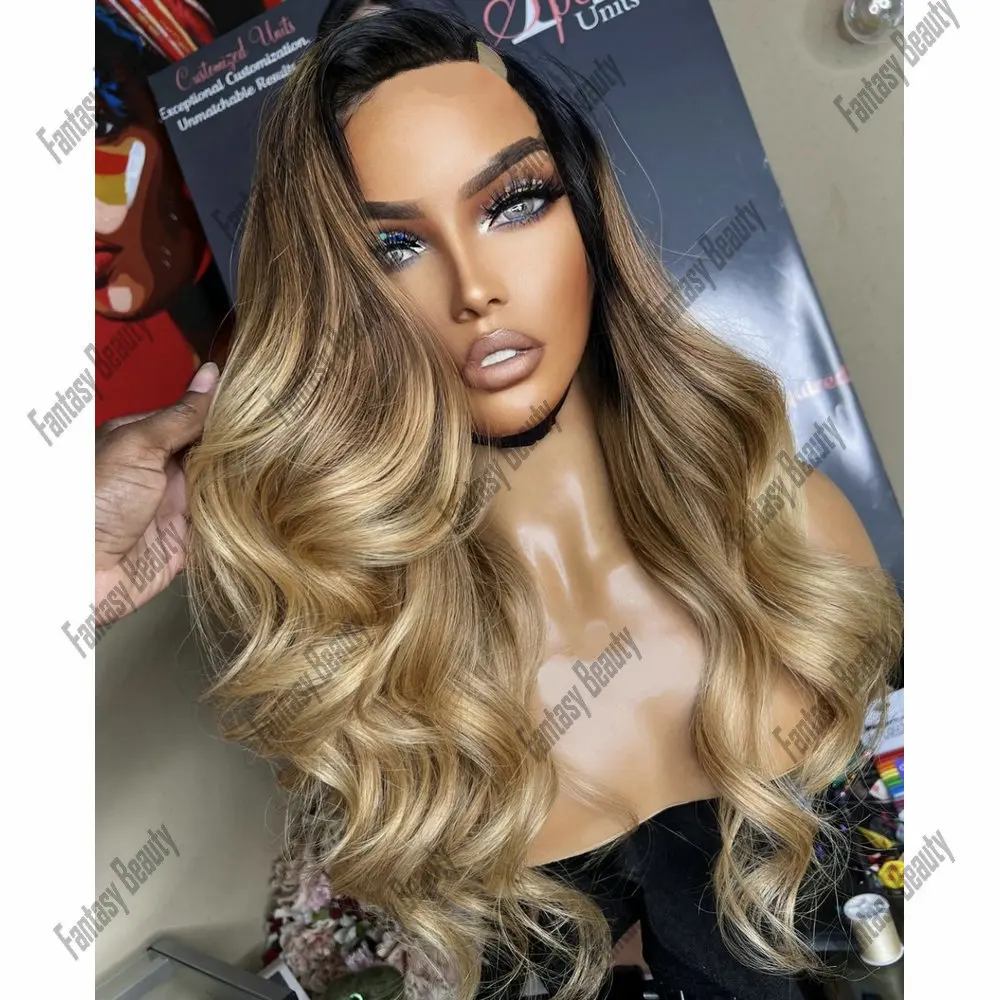 Dark Roots Ombre Ash Blonde Glueless Body Wave U Part Wig Human Hair for Women Full Machine Made Wigs 1*4 V Part Wig Human Hair