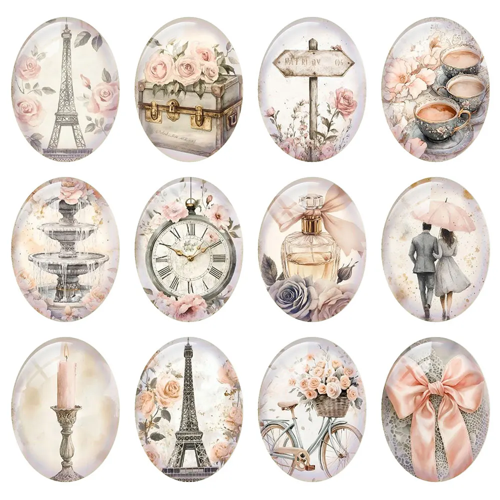 Random Mixed Round/Oval/Square French Parisian Retro Rose Flower Photo Glass Cabochon Flatback Demo Cameo For Diy Jewelry Making