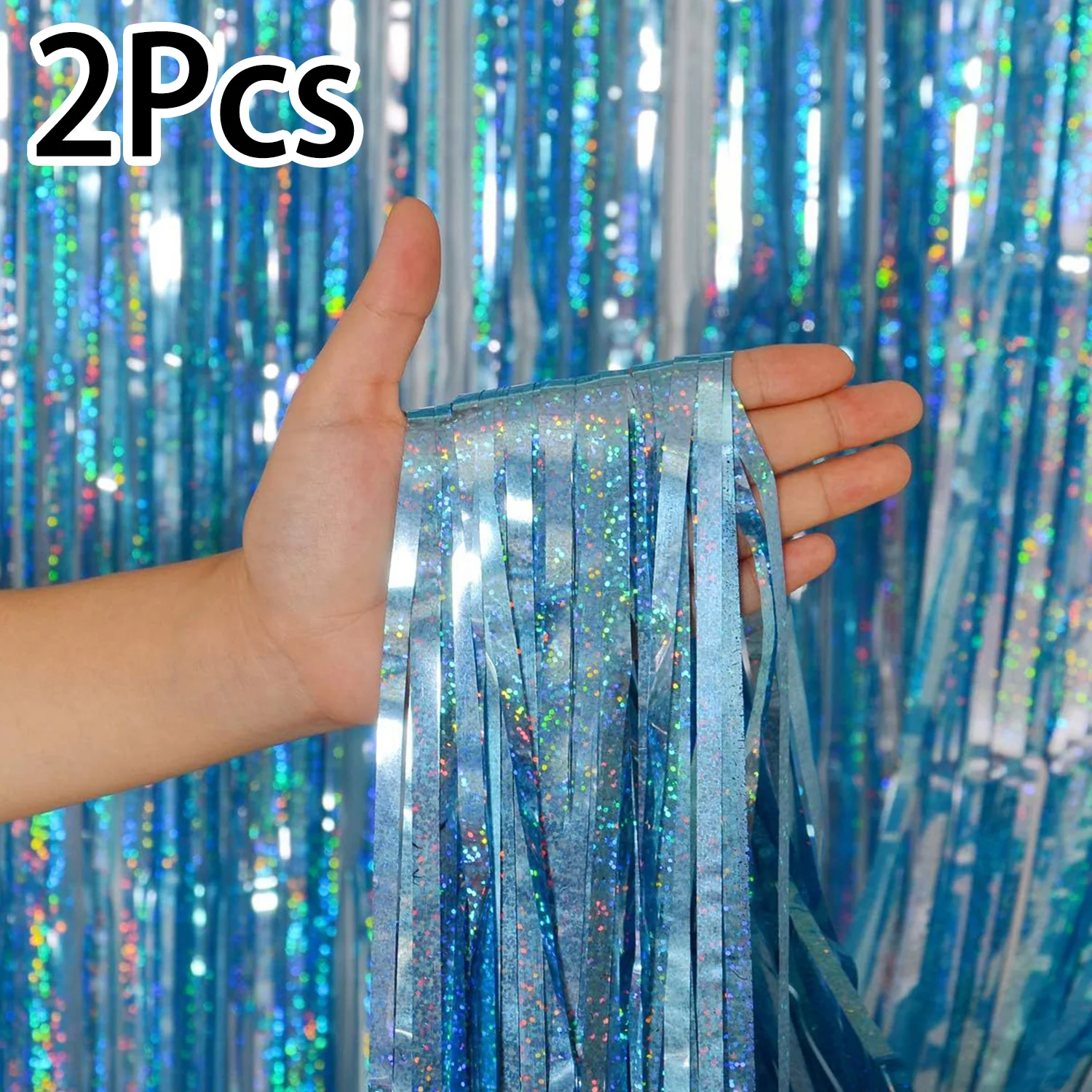 2Pack 2X1M Blue Laser Metallic Foil Tinsel Fringe Curtain Backdrop Birthday Wedding Bachelorette Party Decoration Adult Kids