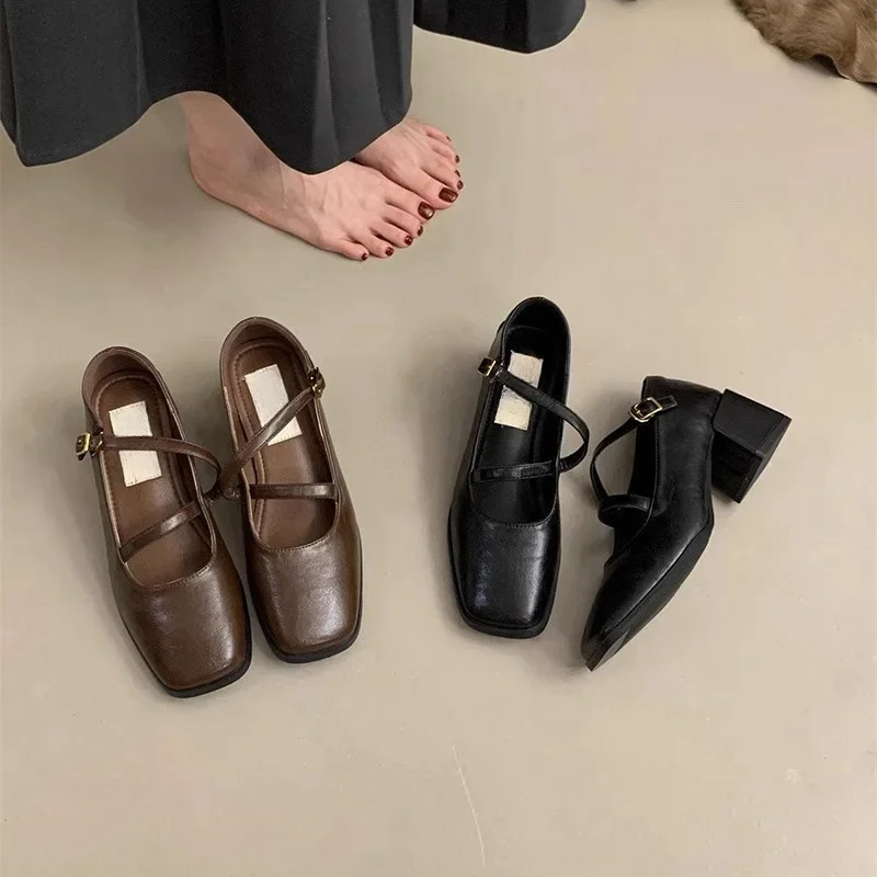 أحذية كعب خشن المرأة البريطانية الربيع والخريف جديد حذا فردي للسيدات الفرنسية الرجعية رئيس مربع المعاول عالية الكعب