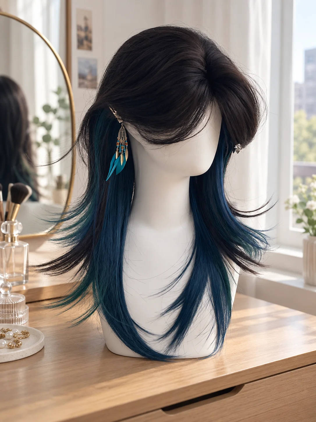 Blue Green Highlight Layered Wolf Cut Mullet Wig for Women, Middle Part Natural Look Full Head Wig for Cosplay Daily Wear